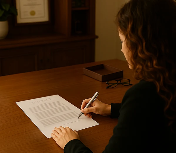 Lawyer writing at desk