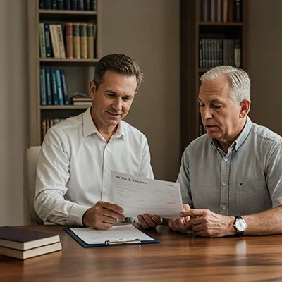 Two people reviewing wills and estates